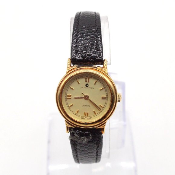 J.B Champion Watch Womens Gold Tone Stainless Steel Real Leather Band Gold Dial - Picture 2 of 8